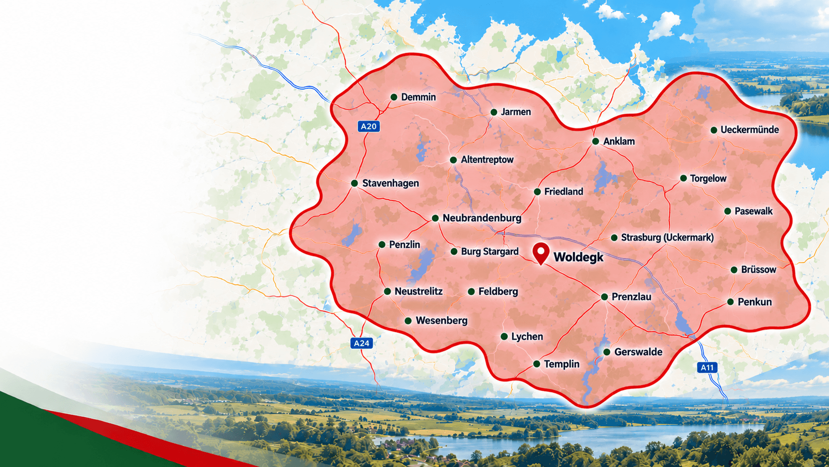 Karte des Einsatzgebiets rund um Woldegk mit Neubrandenburg, Neustrelitz, Anklam, Pasewalk, Prenzlau, Templin und weiteren Orten